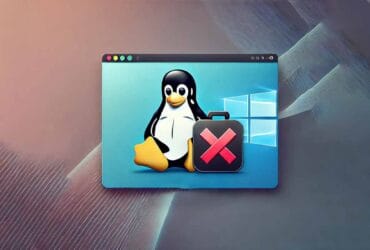 Windows 11 con icona di Linux Tux e concetto di disinstallazione rappresentato da un'icona con una X rossa.