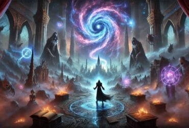 Immagine Rappresentativa Dell'Endgame Di Path Of Exile 2 Con Un Atlas Magico, Un Portale Luminoso E Un Guerriero Ombroso Circondato Da Artefatti E Rovine