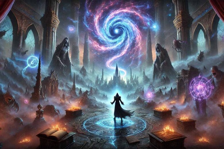 Immagine Rappresentativa Dell'Endgame Di Path Of Exile 2 Con Un Atlas Magico, Un Portale Luminoso E Un Guerriero Ombroso Circondato Da Artefatti E Rovine