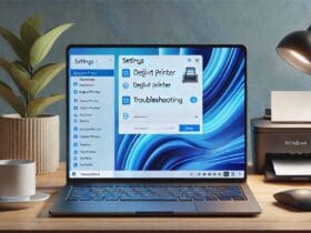 Schermata di un laptop con Windows 11 che mostra opzioni di risoluzione problemi stampante.