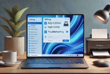 Schermata di un laptop con Windows 11 che mostra opzioni di risoluzione problemi stampante.