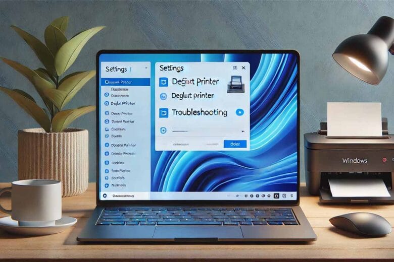 Schermata di un laptop con Windows 11 che mostra opzioni di risoluzione problemi stampante.