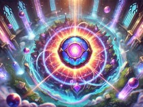 Illustrazione digitale di un globo mistico rappresentante l'Essenza Mitica in League of Legends, circondato da effetti magici viola e blu.
