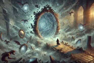 Illustrazione Del Meccanismo Delirium In Path Of Exile 2, Con Un Personaggio Che Attraversa Uno Specchio Mistico Circondato Da Una Nebbia Grigia.