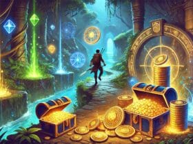 Illustrazione fantasy che rappresenta un avventuriero in un dungeon aperto mentre raccoglie tesori e monete, guida per farmare Sollant in Throne and Liberty.