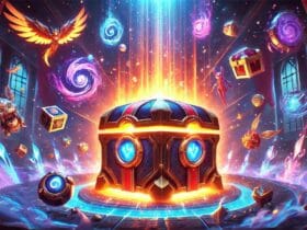 Illustrazione di un Forziere Hextech in League of Legends, circondato da premi come skin ed emote, in un ambiente magico e luminoso.