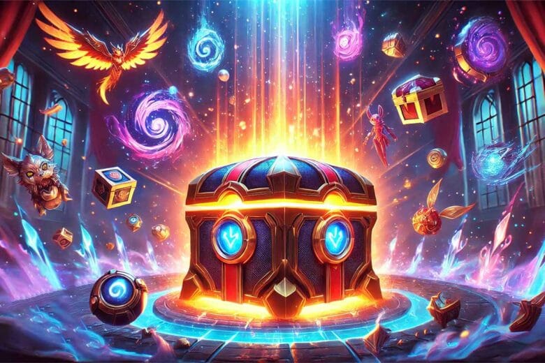 Illustrazione di un Forziere Hextech in League of Legends, circondato da premi come skin ed emote, in un ambiente magico e luminoso.