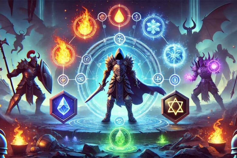 Illustrazione Di Un Personaggio Fantasy Rpg Circondato Da Scudi Magici E Armature, Con Icone Elementali (Fuoco, Ghiaccio, Fulmine) Che Rappresentano Le Difese.