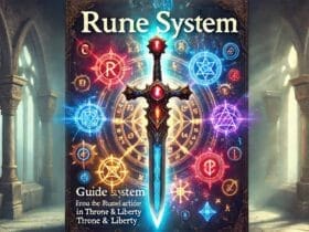 Illustrazione fantasy del sistema delle rune in Throne & Liberty, con rune magiche rosse, blu e gialle su armi e accessori in un'ambientazione mistica.