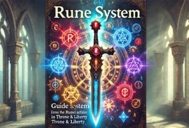 Illustrazione Fantasy Del Sistema Delle Rune In Throne &Amp; Liberty, Con Rune Magiche Rosse, Blu E Gialle Su Armi E Accessori In Un'Ambientazione Mistica.