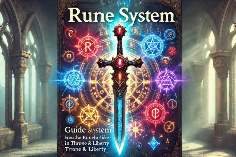 Illustrazione Fantasy Del Sistema Delle Rune In Throne &Amp; Liberty, Con Rune Magiche Rosse, Blu E Gialle Su Armi E Accessori In Un'Ambientazione Mistica.