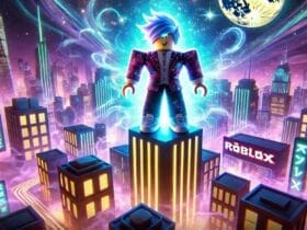 Roblox Personaggio Su Un Edificio Di Notte In Una Città Illuminata, Ispirata A Jujutsu Kaisen, Con Effetti Magici.