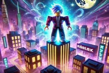 Roblox Personaggio Su Un Edificio Di Notte In Una Città Illuminata, Ispirata A Jujutsu Kaisen, Con Effetti Magici.