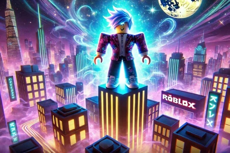 Roblox Personaggio Su Un Edificio Di Notte In Una Città Illuminata, Ispirata A Jujutsu Kaisen, Con Effetti Magici.
