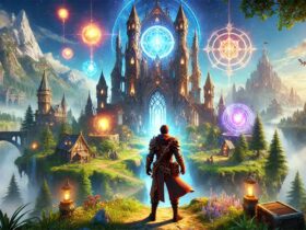 Avventuriero in armatura medievale davanti a una struttura magica con orbs e portali luminosi, in un ambiente fantasy di esplorazione open-world.