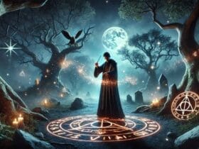 Scena Magica In Hogwarts Legacy Con Un Mago Che Lancia Un Incantesimo Oscuro In Una Foresta Misteriosa Sotto Il Cielo Notturno