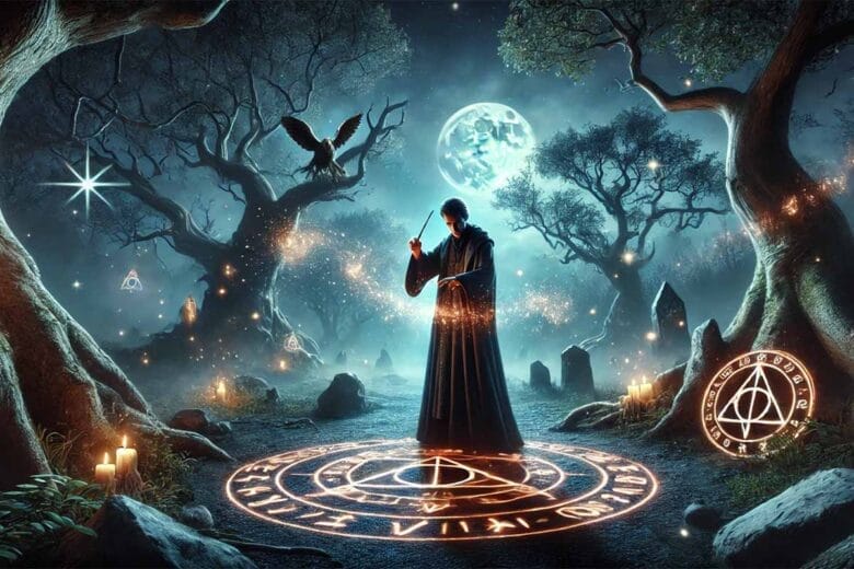 Scena Magica In Hogwarts Legacy Con Un Mago Che Lancia Un Incantesimo Oscuro In Una Foresta Misteriosa Sotto Il Cielo Notturno