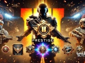 Un Operatore Militare Futuristico Con Emblemi Di Prestigio Luminosi In Black Ops 6, Circondato Da Skin Di Armi E Un'Interfaccia Di Gioco Vibrante.