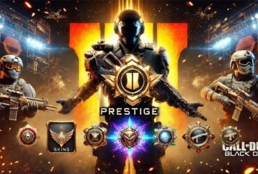 Un Operatore Militare Futuristico Con Emblemi Di Prestigio Luminosi In Black Ops 6, Circondato Da Skin Di Armi E Un'Interfaccia Di Gioco Vibrante.
