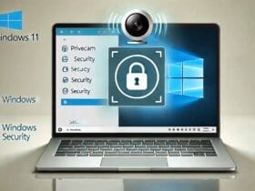Illustrazione di un laptop con Windows 11 che evidenzia le impostazioni di sicurezza e privacy della webcam.
