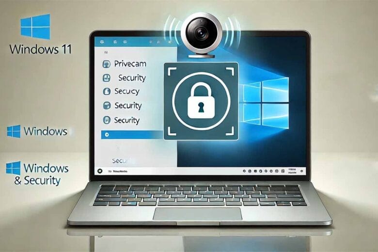 Illustrazione Di Un Laptop Con Windows 11 Che Evidenzia Le Impostazioni Di Sicurezza E Privacy Della Webcam.