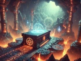 Reforging Bench In Path Of Exile 2, Situata In Una Caverna Vulcanica Illuminata Da Luce Eterea E Circondata Da Lava E Rune Magiche.