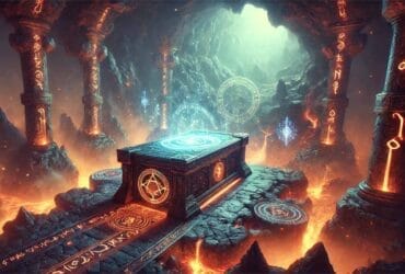 Reforging Bench In Path Of Exile 2, Situata In Una Caverna Vulcanica Illuminata Da Luce Eterea E Circondata Da Lava E Rune Magiche.