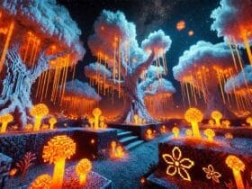 Minecraft Pale Garden Di Notte Con Alberi Di Quercia Pallida, Grumi Di Resina Arancioni E Il Mob Creaking Che Emette Particelle Luminose.
