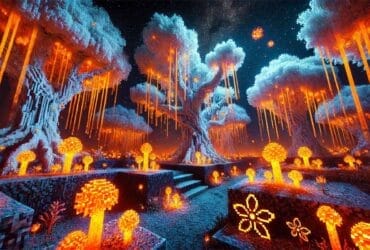 Minecraft Pale Garden Di Notte Con Alberi Di Quercia Pallida, Grumi Di Resina Arancioni E Il Mob Creaking Che Emette Particelle Luminose.