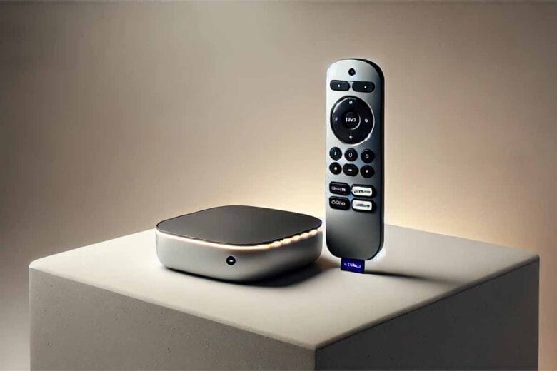Roku Ultra e telecomando in un setup minimalista per illustrare la modalità sviluppatore e il caricamento di app.