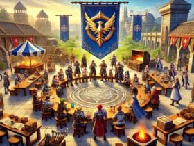 Scena vivace di un sistema di gilde in un MMORPG con avventurieri in una base medievale che collaborano.