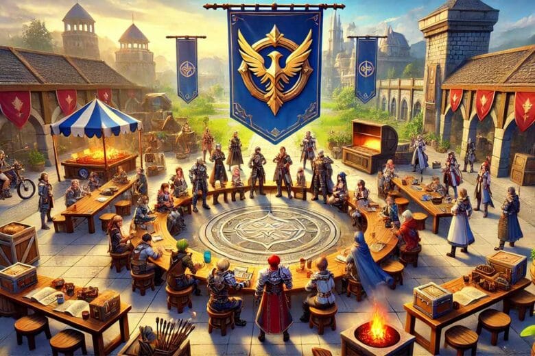 Scena vivace di un sistema di gilde in un MMORPG con avventurieri in una base medievale che collaborano.