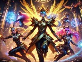 Campioni di League of Legends Evelynn, Kayle, Yuumi e Leona in skin Prestige Edition con effetti dorati e atmosfera lussuosa.