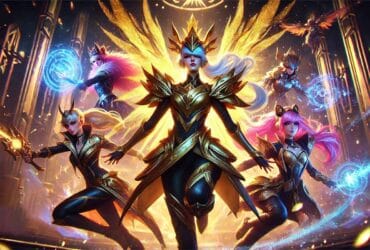 Campioni di League of Legends Evelynn, Kayle, Yuumi e Leona in skin Prestige Edition con effetti dorati e atmosfera lussuosa.