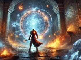 Personaggio In Armatura Nel Gioco Path Of Exile 2, Circondato Da Effetti Elementali Di Fuoco, Ghiaccio E Fulmini In Un Dungeon Oscuro.