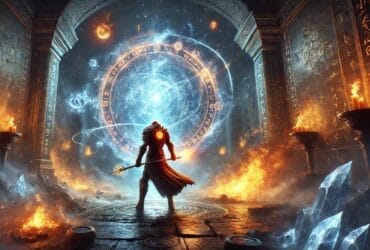 Personaggio In Armatura Nel Gioco Path Of Exile 2, Circondato Da Effetti Elementali Di Fuoco, Ghiaccio E Fulmini In Un Dungeon Oscuro.