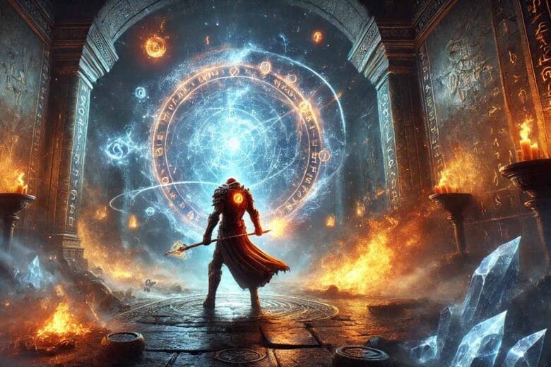 Personaggio In Armatura Nel Gioco Path Of Exile 2, Circondato Da Effetti Elementali Di Fuoco, Ghiaccio E Fulmini In Un Dungeon Oscuro.