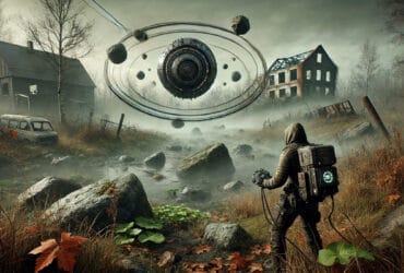 Campo Di Anomalie Gravitazionali In Stalker 2, Con Pietre E Foglie Fluttuanti E Un Villaggio Abbandonato Sullo Sfondo.