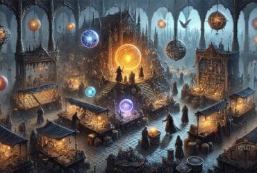 Scena Di Scambi In Un Gioco Fantasy Oscuro Con Personaggi Che Scambiano Oggetti, Orbs Luminosi, E Artefatti Misteriosi In Un Ambiente Magico E Atmosferico.