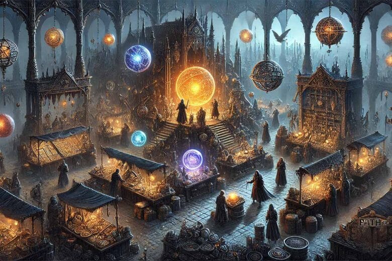 Scena Di Scambi In Un Gioco Fantasy Oscuro Con Personaggi Che Scambiano Oggetti, Orbs Luminosi, E Artefatti Misteriosi In Un Ambiente Magico E Atmosferico.