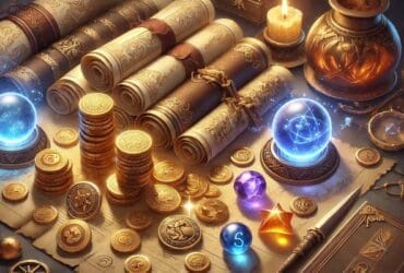 Illustrazione Digitale Di Diverse Valute Di Gioco, Incluse Monete D'Oro, Orbs Magici Luminosi E Pergamene Antiche, Ispirata A Path Of Exile 2.
