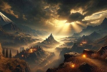 Panorama Fantasy Ispirato A Elden Ring Con Un Sito Di Grazia Illuminato Da Luce Dorata In Un'Ambientazione Vasta E Oscura.