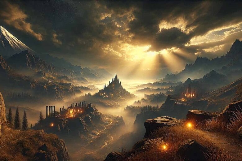 Panorama Fantasy Ispirato A Elden Ring Con Un Sito Di Grazia Illuminato Da Luce Dorata In Un'Ambientazione Vasta E Oscura.