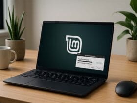 Laptop con Linux Mint in aggiornamento su scrivania moderna.