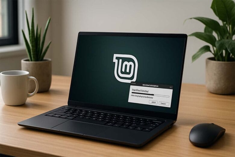 Laptop Con Linux Mint In Aggiornamento Su Scrivania Moderna.