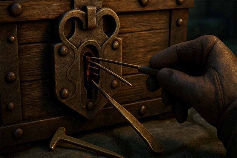 Scassinare Una Serratura In Oblivion Remastered Con Grimaldello E Strumenti Su Un Forziere Medievale.