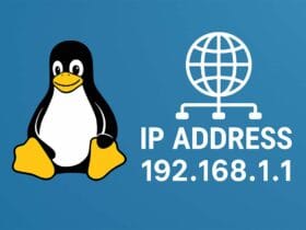 Illustrazione di Tux Linux accanto a un'icona di rete e indirizzo IP su sfondo blu.