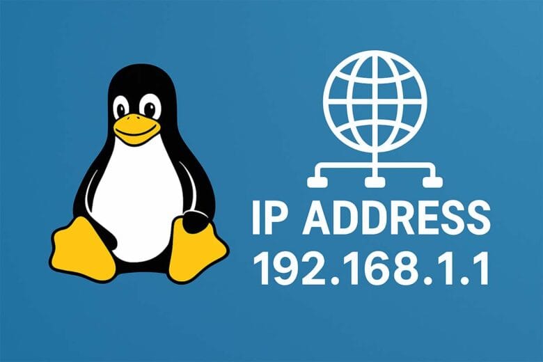 Illustrazione di Tux Linux accanto a un'icona di rete e indirizzo IP su sfondo blu.