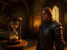 Cavaliere in armatura osserva una clessidra in una stanza medievale in Oblivion Remastered
