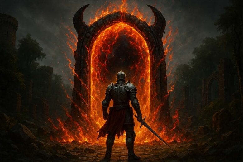 Guerriero Di Oblivion Davanti A Un Portale Infuocato In Una Scena Fantasy